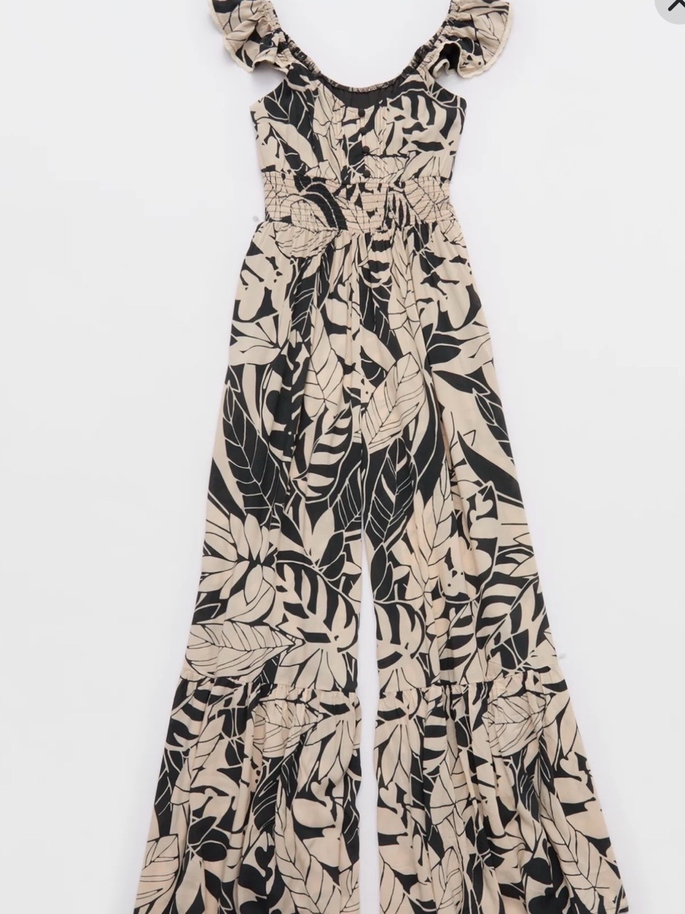 aerie Beige & Black Leaf-Print Wide-Leg Jumpsuit